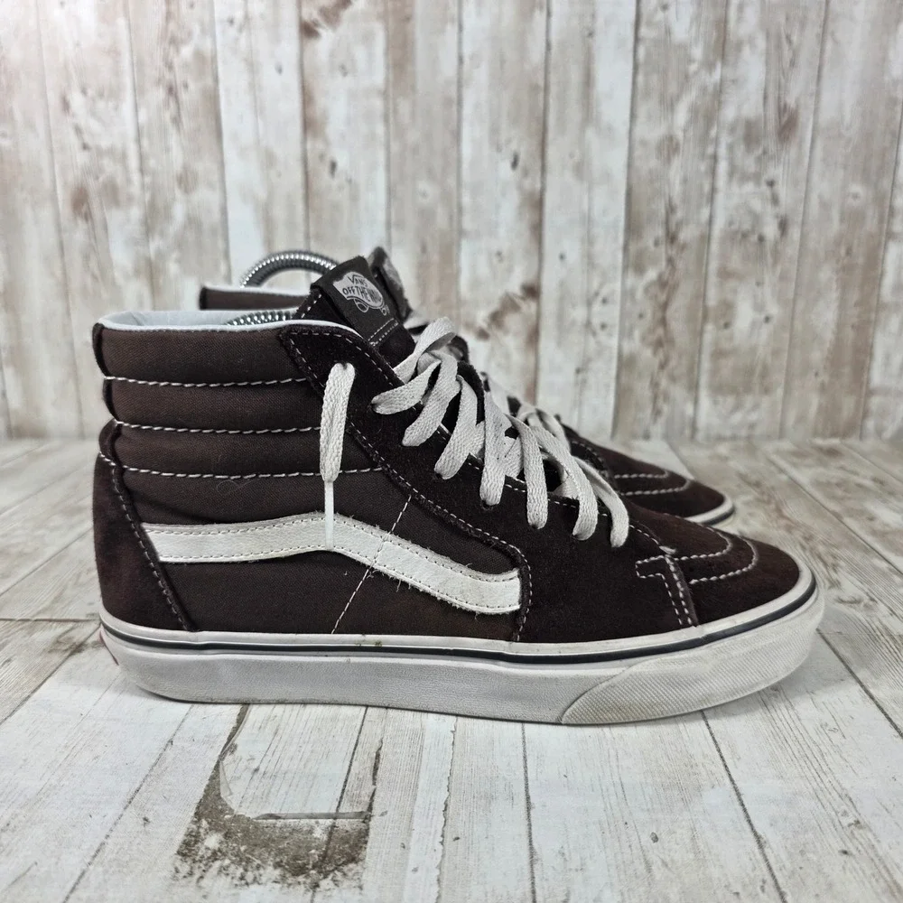 Vans Sk8-Hi High Top Sneakers‎ Brown Suede White Stripe Womens 8 Mens 6.5